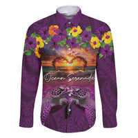 Hawaiian Turtle Love Couple Family Matching Off Shoulder Short Dress and Hawaiian Shirt Ocean Serenade - Honu Honi Ihu with Hibiscus and Romantic Sunset Purple Color LT03 Dad's Shirt - Long Sleeve Purple - Polynesian Pride