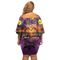 Hawaiian Turtle Love Couple Family Matching Off Shoulder Short Dress and Hawaiian Shirt Ocean Serenade - Honu Honi Ihu with Hibiscus and Romantic Sunset Purple Color LT03 - Polynesian Pride