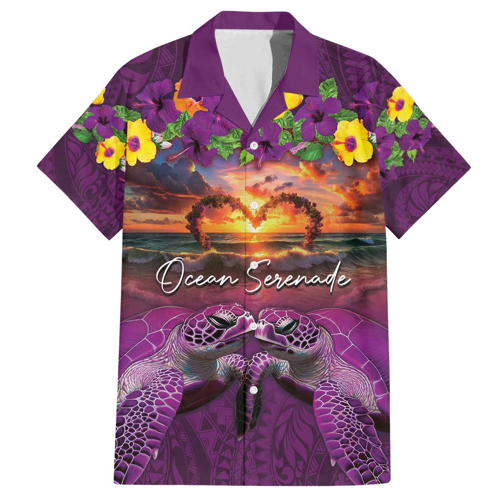 Hawaiian Turtle Love Couple Family Matching Puletasi and Hawaiian Shirt Ocean Serenade - Honu Honi Ihu with Hibiscus and Romantic Sunset Purple Color