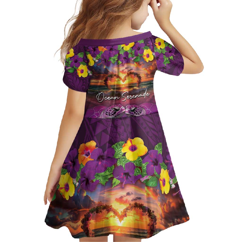 Hawaiian Turtle Love Couple Family Matching Short Sleeve Bodycon Dress and Hawaiian Shirt Ocean Serenade - Honu Honi Ihu with Hibiscus and Romantic Sunset Purple Color