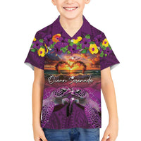 Hawaiian Turtle Love Couple Family Matching Short Sleeve Bodycon Dress and Hawaiian Shirt Ocean Serenade - Honu Honi Ihu with Hibiscus and Romantic Sunset Purple Color