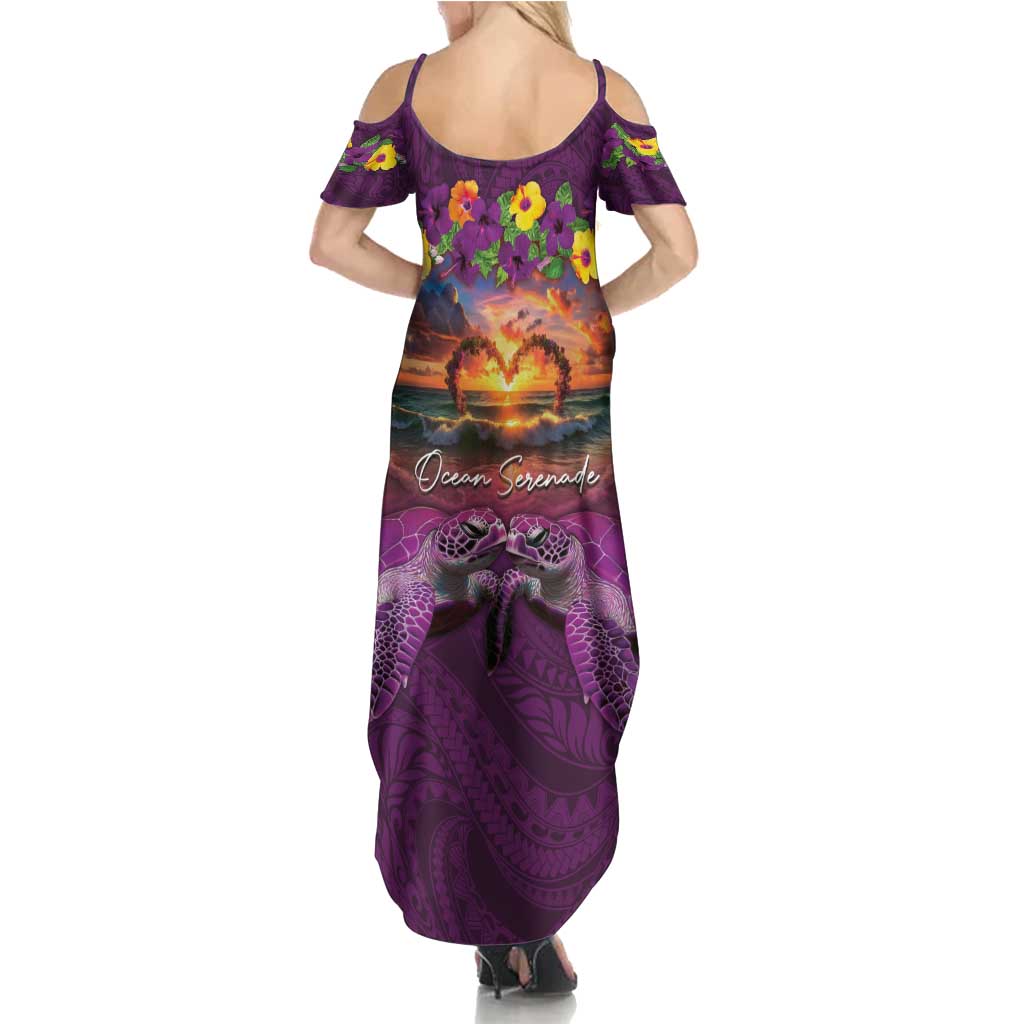 Hawaiian Turtle Love Couple Family Matching Summer Maxi Dress and Hawaiian Shirt Ocean Serenade - Honu Honi Ihu with Hibiscus and Romantic Sunset Purple Color LT03 - Polynesian Pride