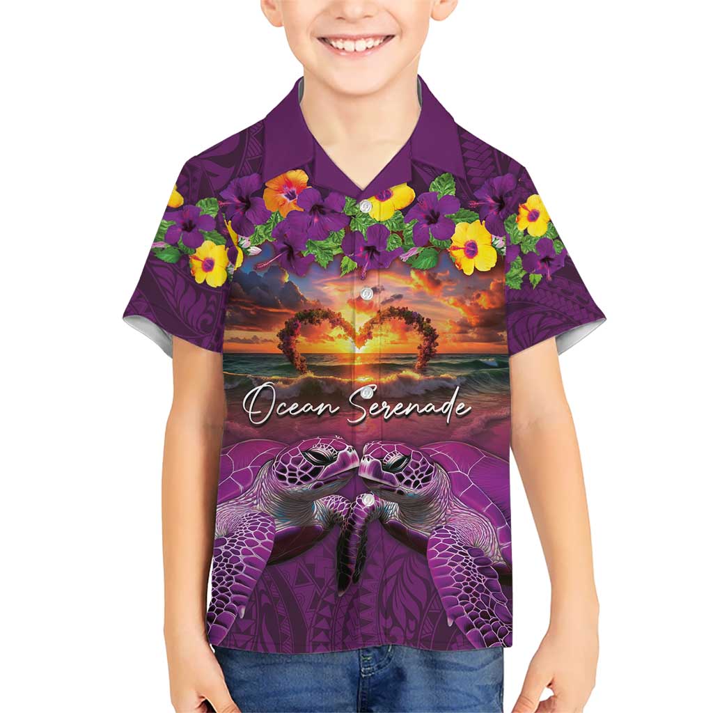 Hawaiian Turtle Love Couple Kid Hawaiian Shirt Ocean Serenade - Honu Honi Ihu with Hibiscus and Romantic Sunset Purple Color LT03 Kid Purple - Polynesian Pride