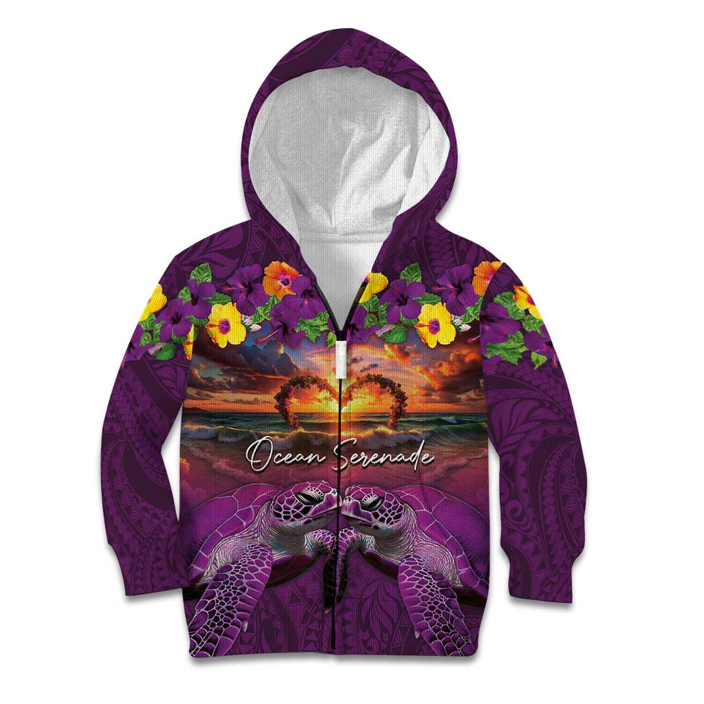Hawaiian Turtle Love Couple Kid Hoodie Ocean Serenade - Honu Honi Ihu with Hibiscus and Romantic Sunset Purple Color