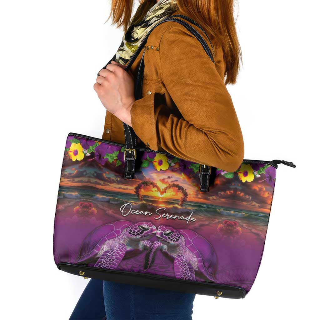 Hawaiian Turtle Love Couple Leather Tote Bag Ocean Serenade - Honu Honi Ihu with Hibiscus and Romantic Sunset Purple Color LT03 Purple - Polynesian Pride