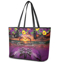 Hawaiian Turtle Love Couple Leather Tote Bag Ocean Serenade - Honu Honi Ihu with Hibiscus and Romantic Sunset Purple Color