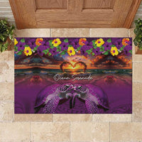 Hawaiian Turtle Love Couple Rubber Doormat Ocean Serenade - Honu Honi Ihu with Hibiscus and Romantic Sunset Purple Color