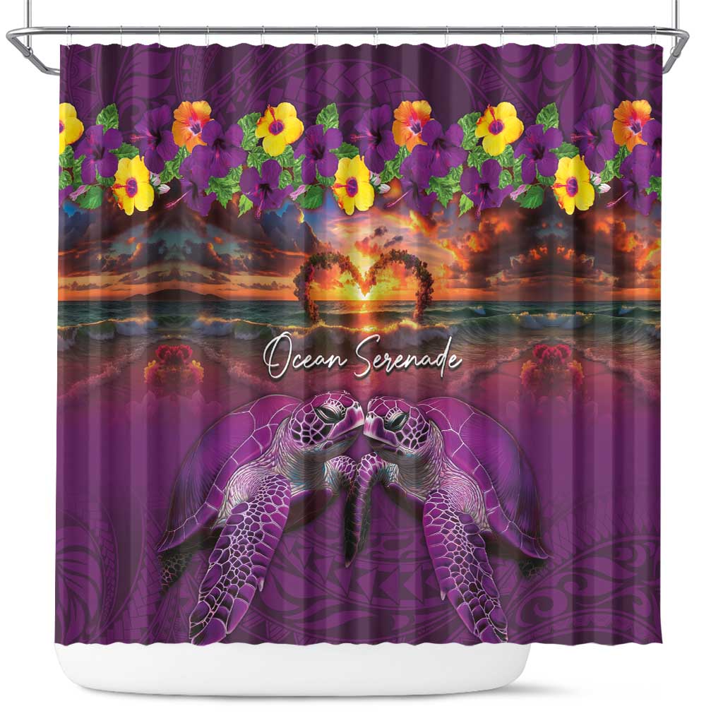 Hawaiian Turtle Love Couple Shower Curtain Ocean Serenade - Honu Honi Ihu with Hibiscus and Romantic Sunset Purple Color LT03 Purple - Polynesian Pride