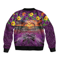 Hawaiian Turtle Love Couple Sleeve Zip Bomber Jacket Ocean Serenade - Honu Honi Ihu with Hibiscus and Romantic Sunset Purple Color