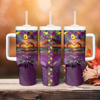 Hawaiian Turtle Love Couple Tumbler With Handle Ocean Serenade - Honu Honi Ihu with Hibiscus and Romantic Sunset Purple Color