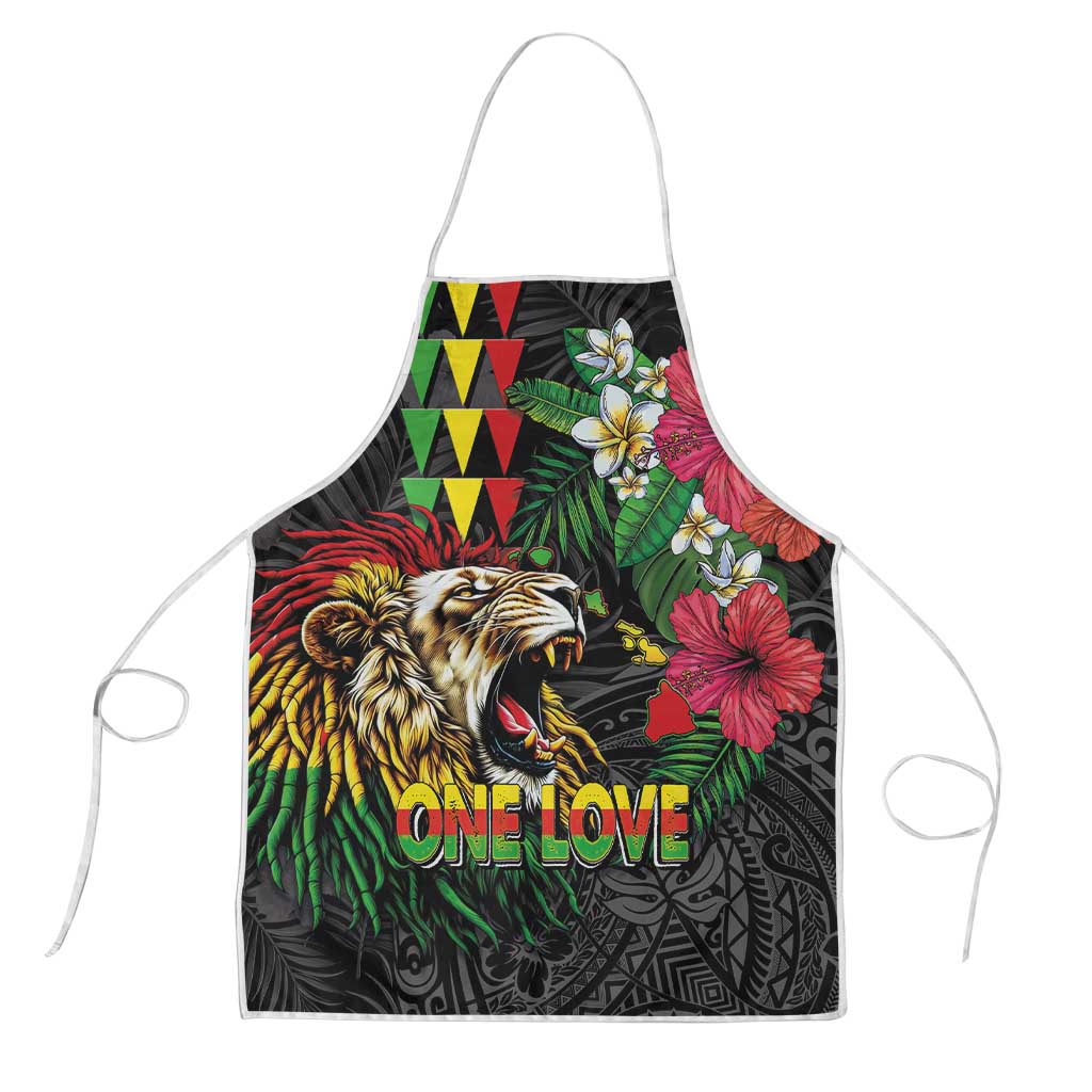 Hawaiian One Love Apron Reggae Lion Tropical Plants and Kakau with Tribal Pattern