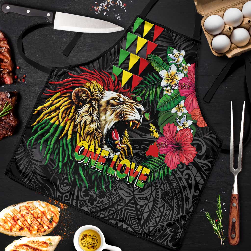 Hawaiian One Love Apron Reggae Lion Tropical Plants and Kakau with Tribal Pattern
