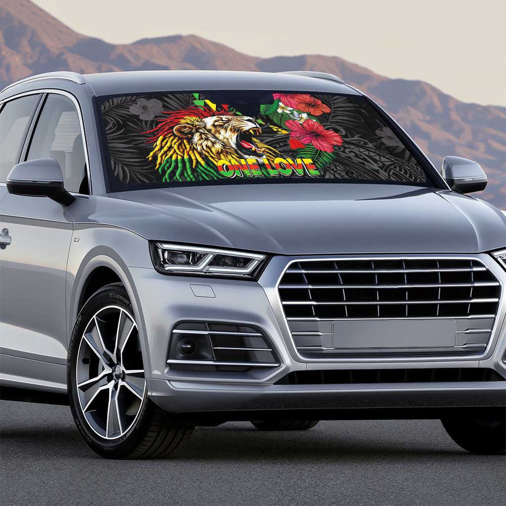 Hawaiian One Love Auto Sun Shade Reggae Lion Tropical Plants and Kakau with Tribal Pattern LT03 - Polynesian Pride