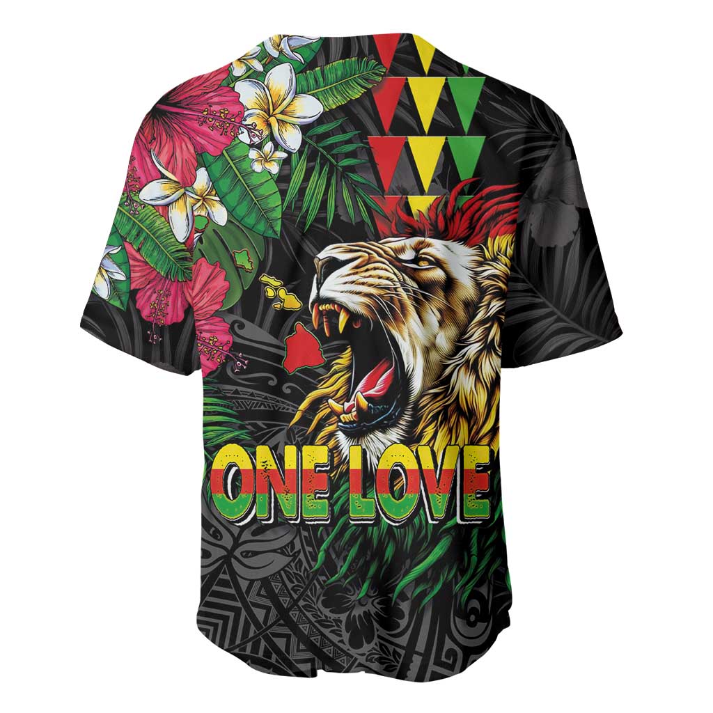 Hawaiian One Love Baseball Jersey Reggae Lion Tropical Plants and Kakau with Tribal Pattern