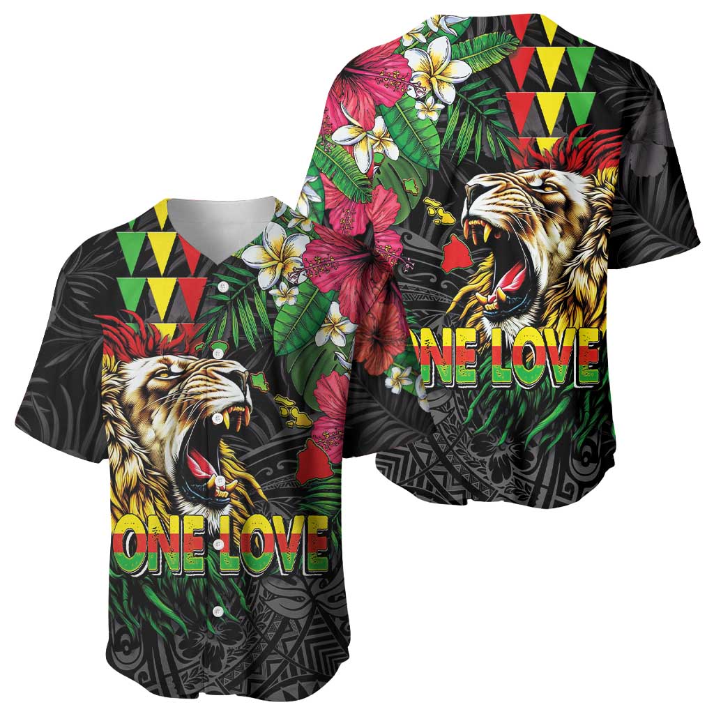 Hawaiian One Love Baseball Jersey Reggae Lion Tropical Plants and Kakau with Tribal Pattern