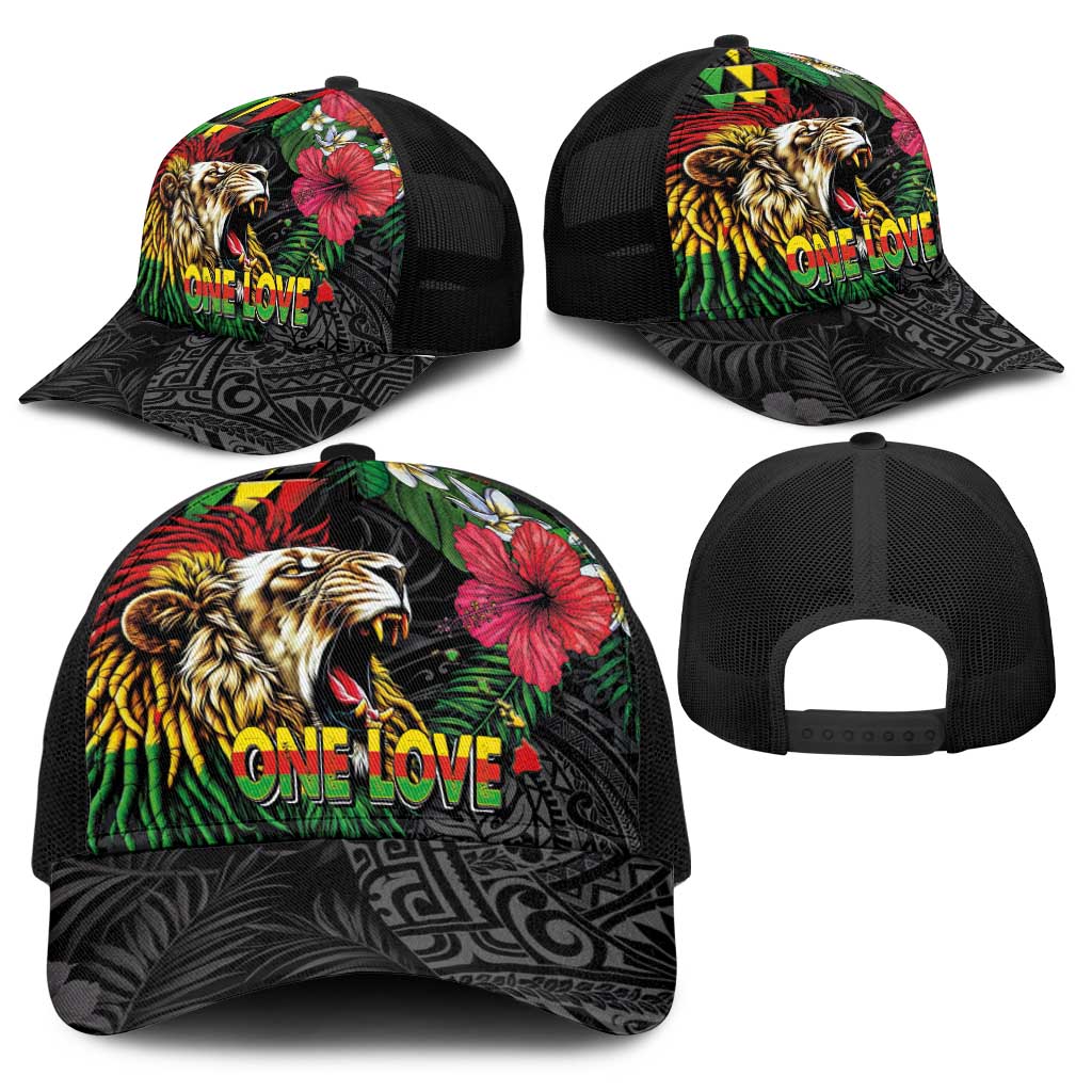 Hawaiian One Love Baseball Net Cap Reggae Lion Tropical Plants and Kakau with Tribal Pattern