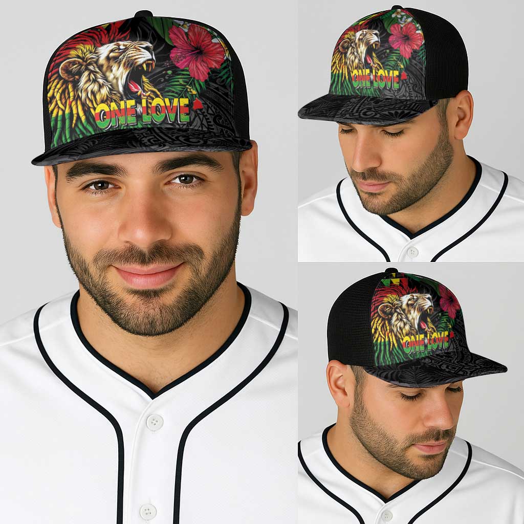 Hawaiian One Love Baseball Net Cap Reggae Lion Tropical Plants and Kakau with Tribal Pattern
