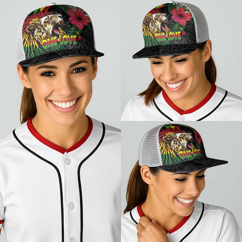 Hawaiian One Love Baseball Net Cap Reggae Lion Tropical Plants and Kakau with Tribal Pattern