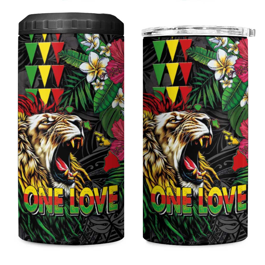 Hawaiian One Love 4 in 1 Can Cooler Tumbler Reggae Lion Tropical Plants and Kakau with Tribal Pattern