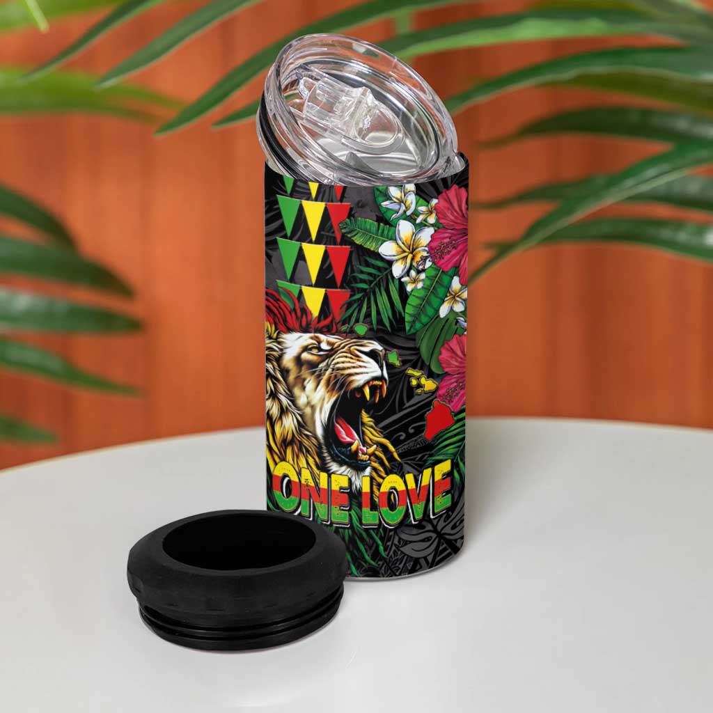 Hawaiian One Love 4 in 1 Can Cooler Tumbler Reggae Lion Tropical Plants and Kakau with Tribal Pattern