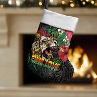 Hawaiian One Love Christmas Stocking Reggae Lion Tropical Plants and Kakau with Tribal Pattern