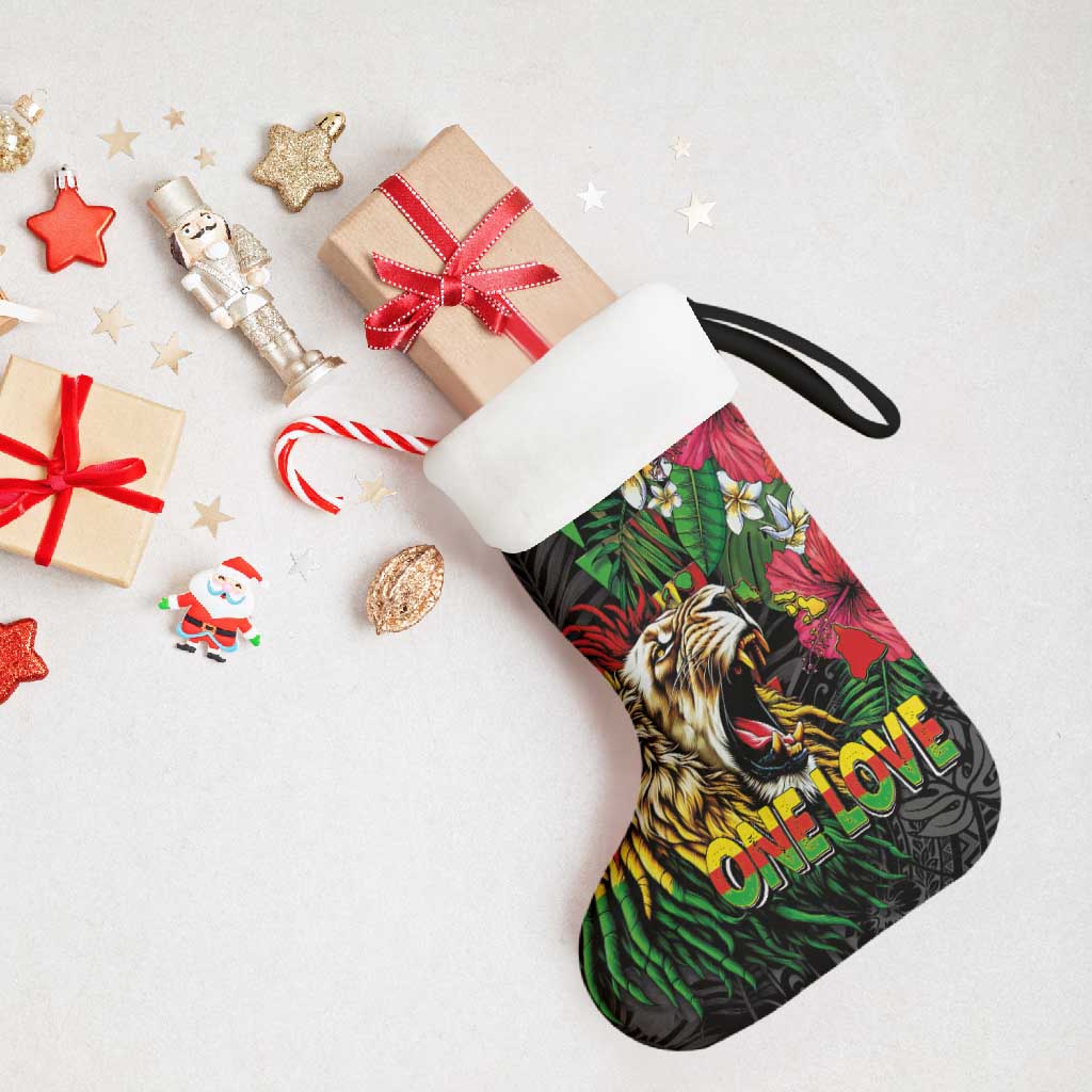 Hawaiian One Love Christmas Stocking Reggae Lion Tropical Plants and Kakau with Tribal Pattern
