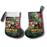 Hawaiian One Love Christmas Stocking Reggae Lion Tropical Plants and Kakau with Tribal Pattern