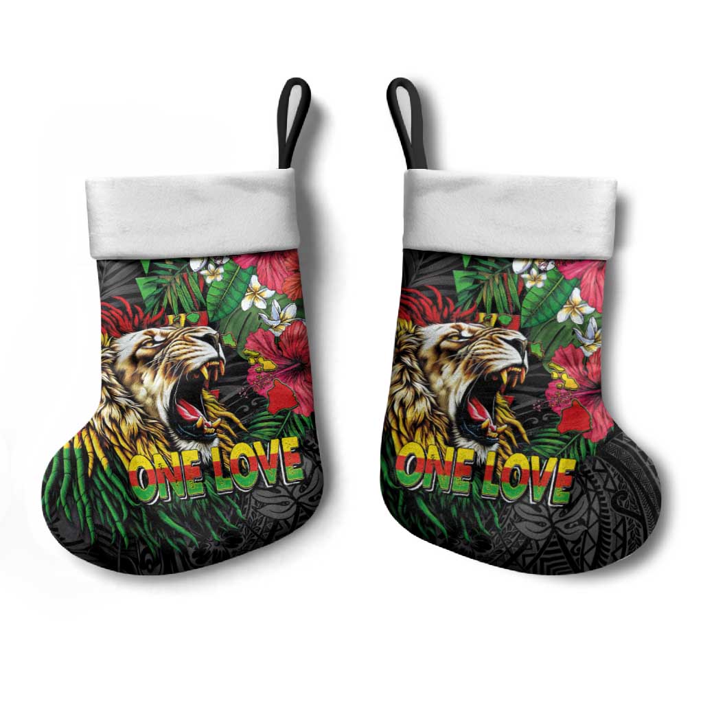 Hawaiian One Love Christmas Stocking Reggae Lion Tropical Plants and Kakau with Tribal Pattern