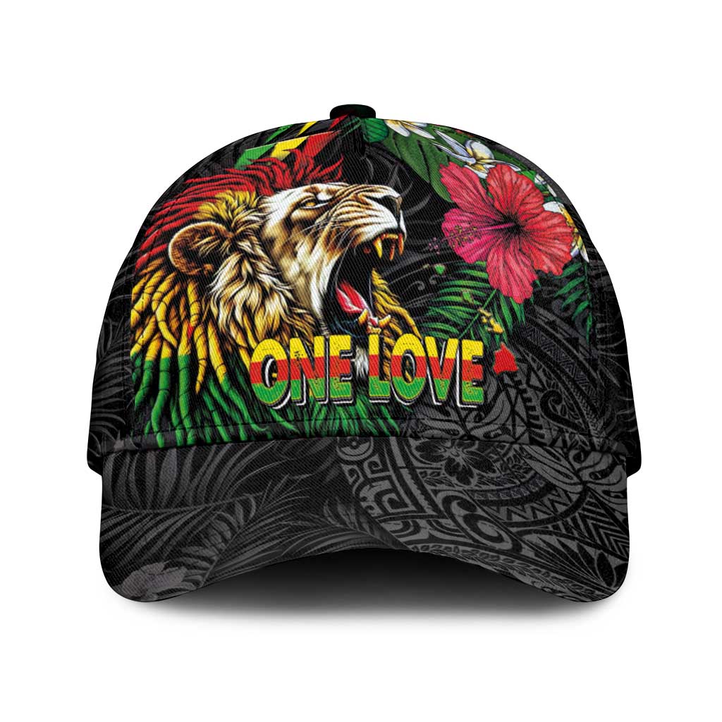 Hawaiian One Love Classic Cap Reggae Lion Tropical Plants and Kakau with Tribal Pattern