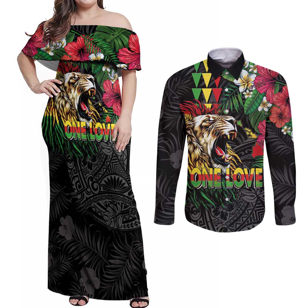 Hawaiian One Love Couples Matching Off Shoulder Maxi Dress and Long Sleeve Button Shirt Reggae Lion Tropical Plants and Kakau with Tribal Pattern LT03 Black - Polynesian Pride
