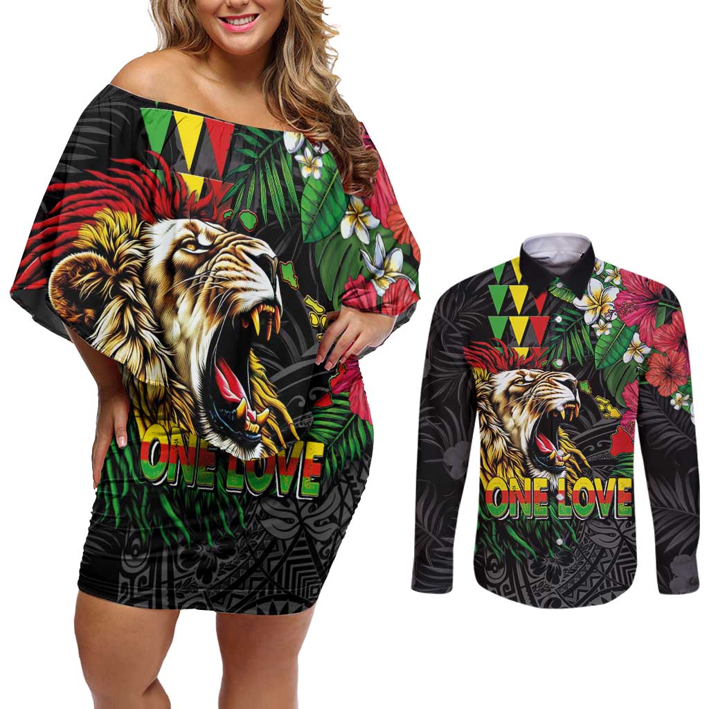 Hawaiian One Love Couples Matching Off Shoulder Short Dress and Long Sleeve Button Shirt Reggae Lion Tropical Plants and Kakau with Tribal Pattern LT03 Black - Polynesian Pride