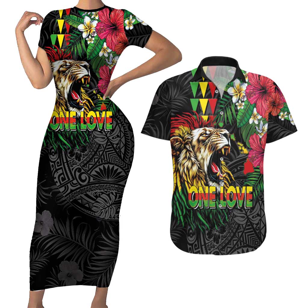 Hawaiian One Love Couples Matching Short Sleeve Bodycon Dress and Hawaiian Shirt Reggae Lion Tropical Plants and Kakau with Tribal Pattern LT03 Black - Polynesian Pride
