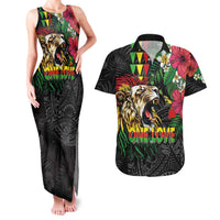 Hawaiian One Love Couples Matching Tank Maxi Dress and Hawaiian Shirt Reggae Lion Tropical Plants and Kakau with Tribal Pattern