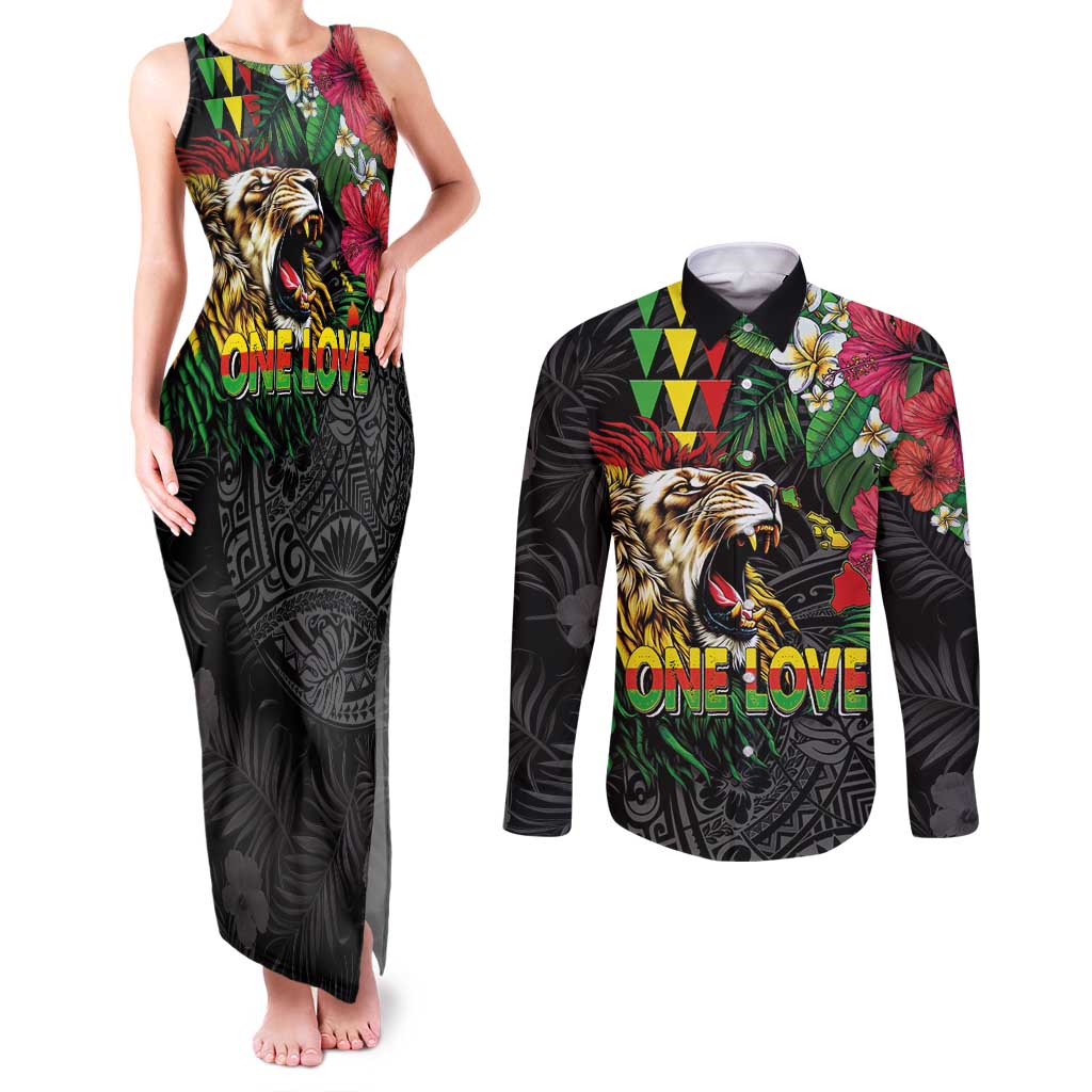 Hawaiian One Love Couples Matching Tank Maxi Dress and Long Sleeve Button Shirt Reggae Lion Tropical Plants and Kakau with Tribal Pattern