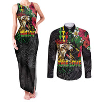 Hawaiian One Love Couples Matching Tank Maxi Dress and Long Sleeve Button Shirt Reggae Lion Tropical Plants and Kakau with Tribal Pattern