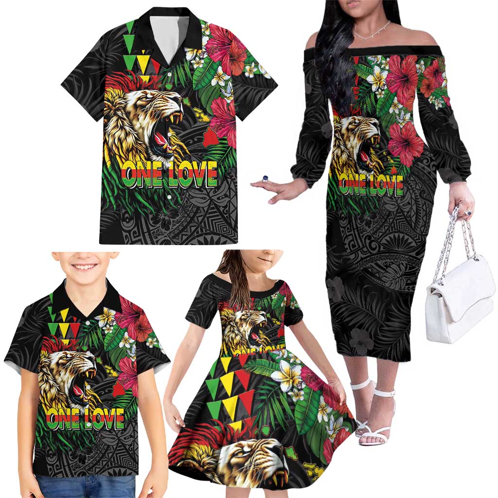 Hawaiian One Love Family Matching Off The Shoulder Long Sleeve Dress and Hawaiian Shirt Reggae Lion Tropical Plants and Kakau with Tribal Pattern LT03 - Polynesian Pride
