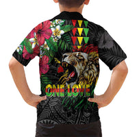 Hawaiian One Love Family Matching Short Sleeve Bodycon Dress and Hawaiian Shirt Reggae Lion Tropical Plants and Kakau with Tribal Pattern