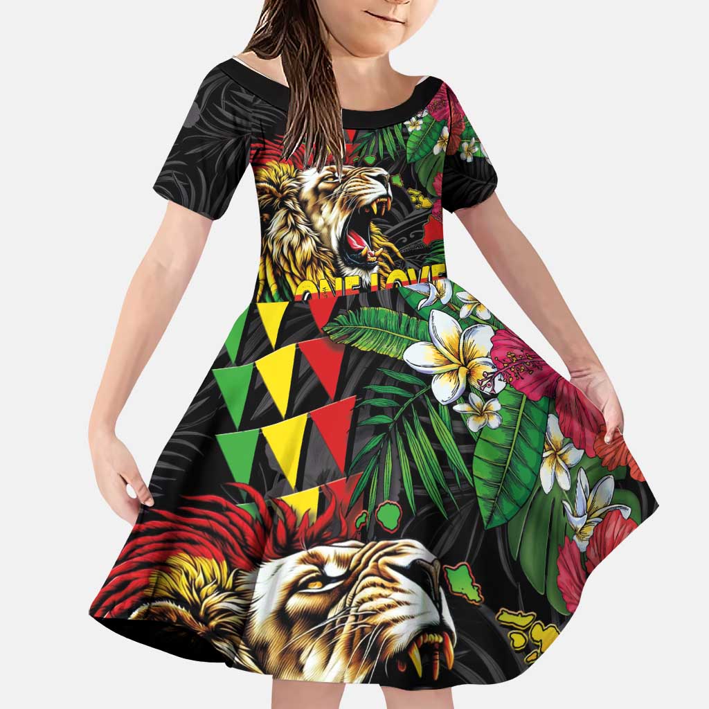 Hawaiian One Love Family Matching Short Sleeve Bodycon Dress and Hawaiian Shirt Reggae Lion Tropical Plants and Kakau with Tribal Pattern