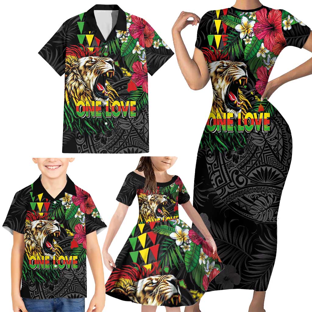 Hawaiian One Love Family Matching Short Sleeve Bodycon Dress and Hawaiian Shirt Reggae Lion Tropical Plants and Kakau with Tribal Pattern