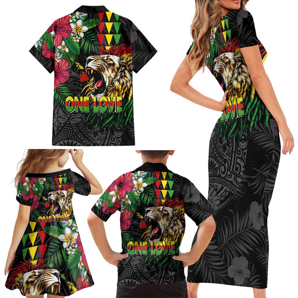 Hawaiian One Love Family Matching Short Sleeve Bodycon Dress and Hawaiian Shirt Reggae Lion Tropical Plants and Kakau with Tribal Pattern