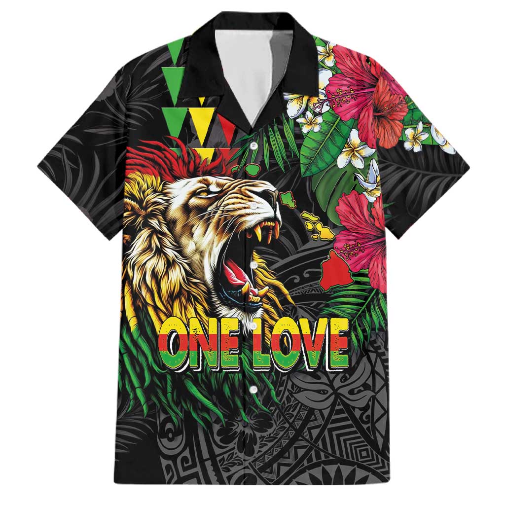 Hawaiian One Love Family Matching Short Sleeve Bodycon Dress and Hawaiian Shirt Reggae Lion Tropical Plants and Kakau with Tribal Pattern