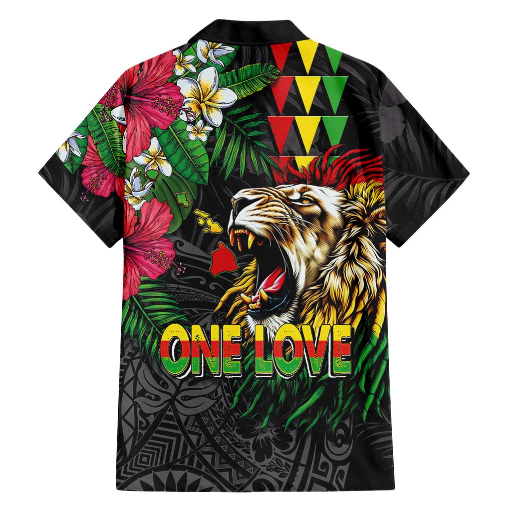 Hawaiian One Love Family Matching Short Sleeve Bodycon Dress and Hawaiian Shirt Reggae Lion Tropical Plants and Kakau with Tribal Pattern