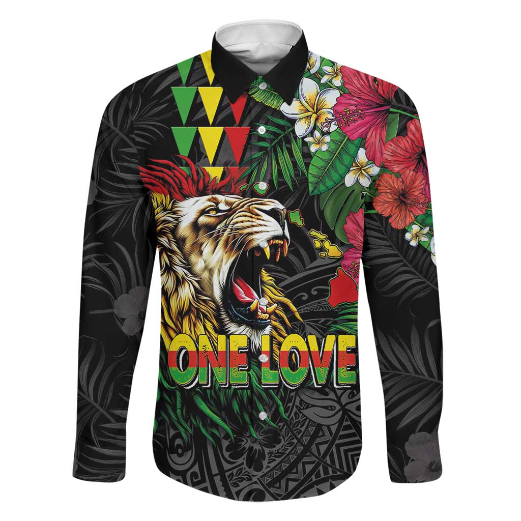Hawaiian One Love Family Matching Short Sleeve Bodycon Dress and Hawaiian Shirt Reggae Lion Tropical Plants and Kakau with Tribal Pattern