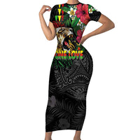 Hawaiian One Love Family Matching Short Sleeve Bodycon Dress and Hawaiian Shirt Reggae Lion Tropical Plants and Kakau with Tribal Pattern