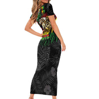 Hawaiian One Love Family Matching Short Sleeve Bodycon Dress and Hawaiian Shirt Reggae Lion Tropical Plants and Kakau with Tribal Pattern