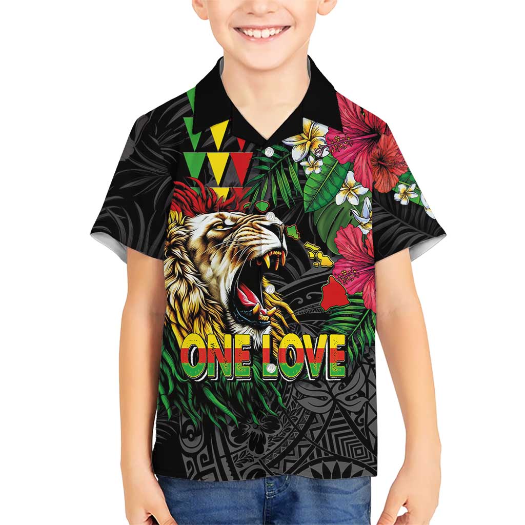 Hawaiian One Love Family Matching Short Sleeve Bodycon Dress and Hawaiian Shirt Reggae Lion Tropical Plants and Kakau with Tribal Pattern