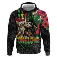 Hawaiian One Love Hoodie Reggae Lion Tropical Plants and Kakau with Tribal Pattern LT03 Pullover Hoodie Black - Polynesian Pride