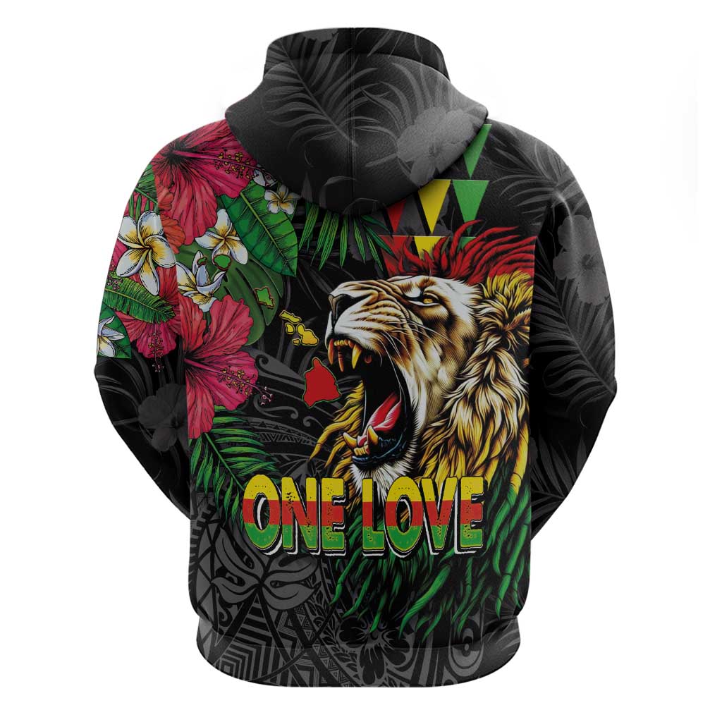Hawaiian One Love Hoodie Reggae Lion Tropical Plants and Kakau with Tribal Pattern LT03 - Polynesian Pride