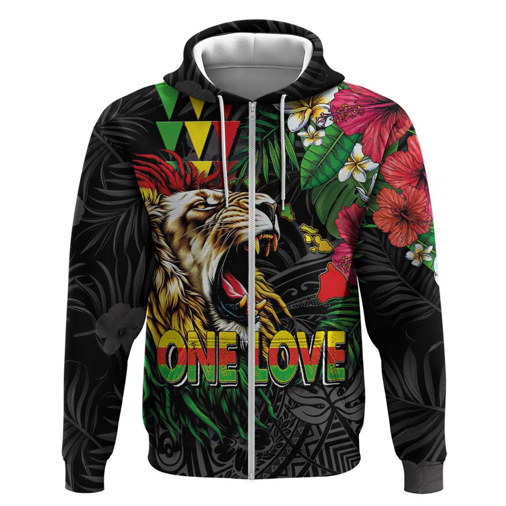 Hawaiian One Love Hoodie Reggae Lion Tropical Plants and Kakau with Tribal Pattern LT03 Zip Hoodie Black - Polynesian Pride