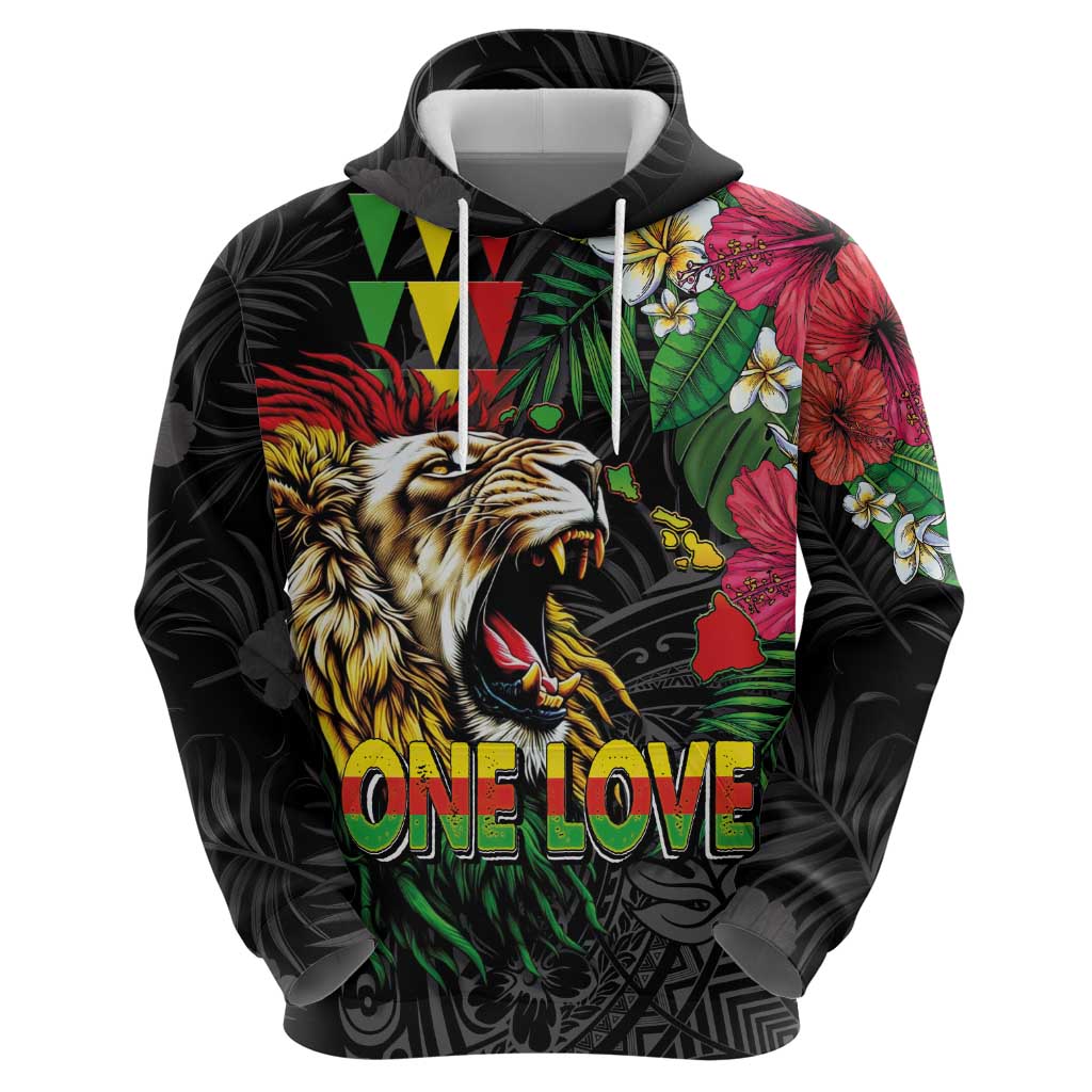 Hawaiian One Love Hoodie Reggae Lion Tropical Plants and Kakau with Tribal Pattern LT03 - Polynesian Pride